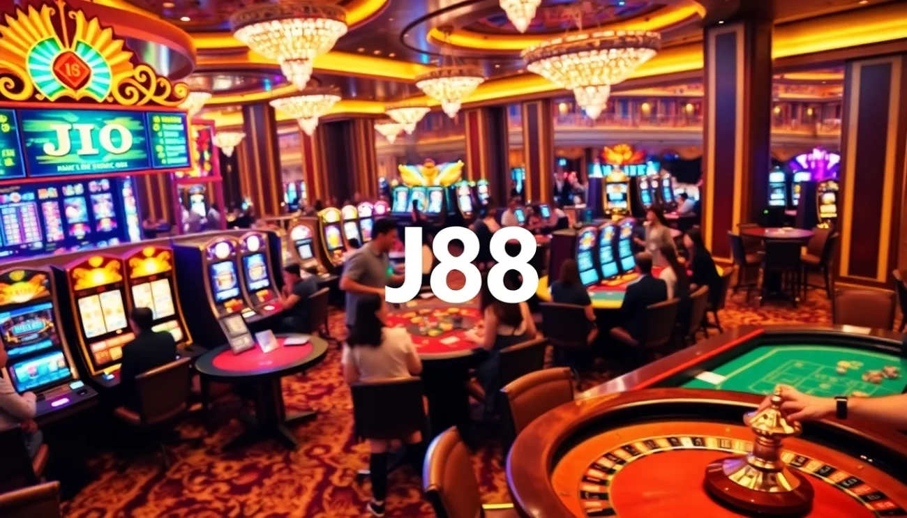 Players enjoying thrilling casino games at J88 with vibrant slot machines and engaging roulette tables.